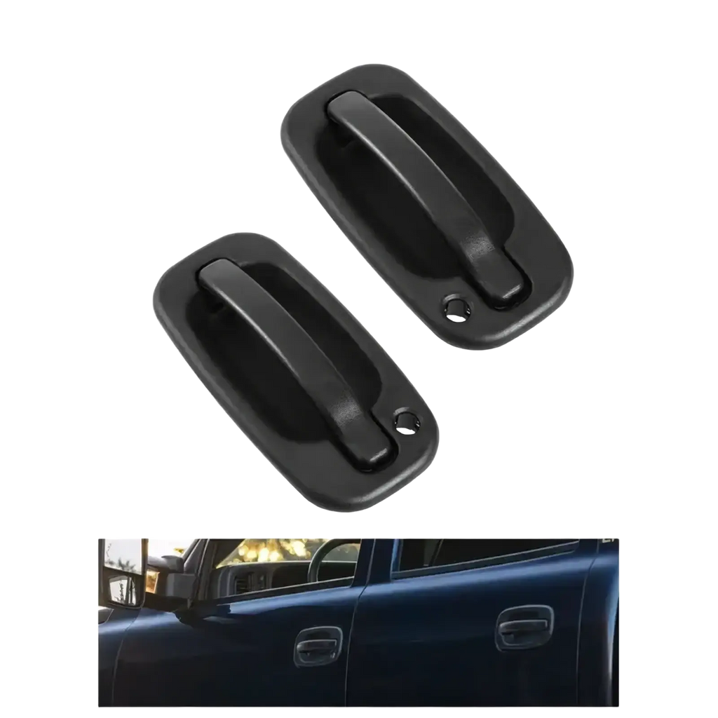 Black plastic driver side exterior door handle for pickup trucks showing the back side of the handle
