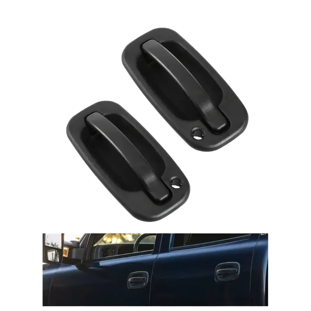 Black plastic driver side exterior door handle for pickup trucks showing the back side of the handle