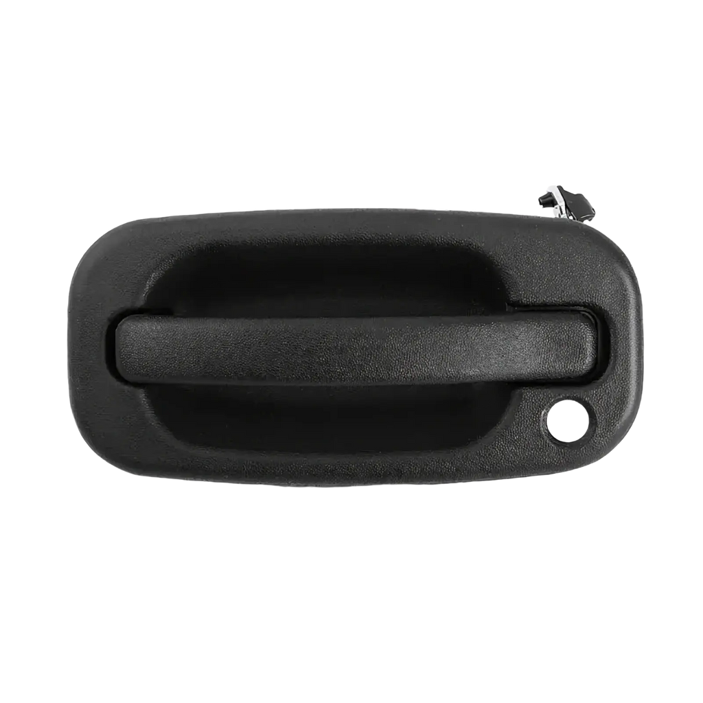 Driver side exterior door handle for pickup trucks in black plastic with textured grip and keyhole visible