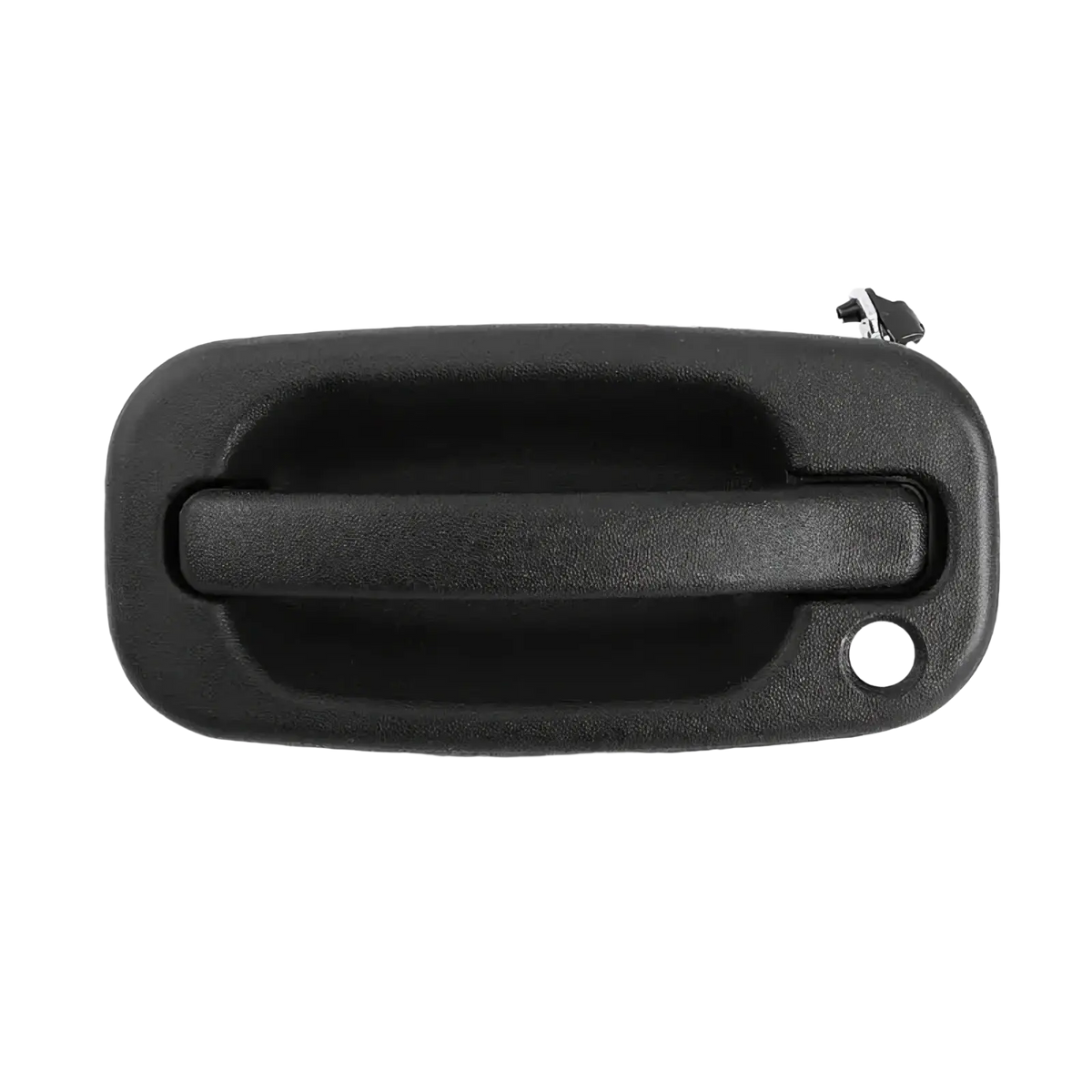 Driver side exterior door handle for pickup trucks in black plastic with textured grip and keyhole visible