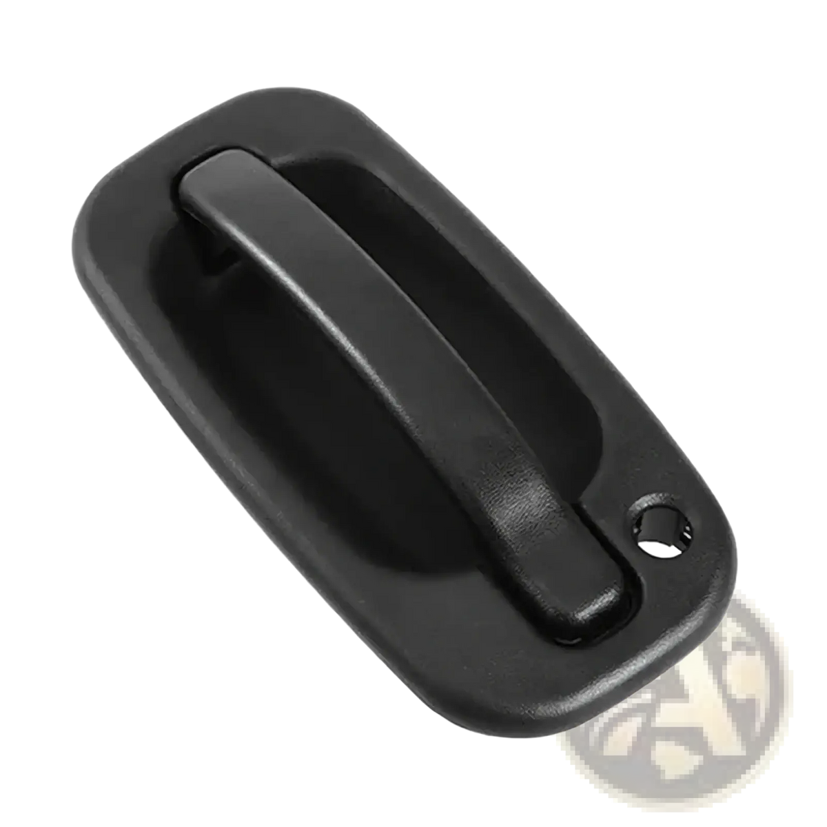 Driver side exterior door handle for pickup trucks in black plastic with smooth matte finish and integrated grip showing back side