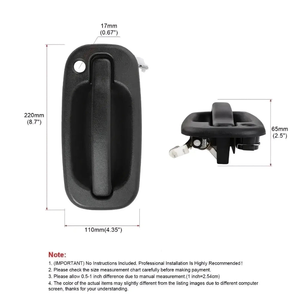 Black plastic driver side exterior door handle for pickup trucks with textured grip and integrated latch mechanism