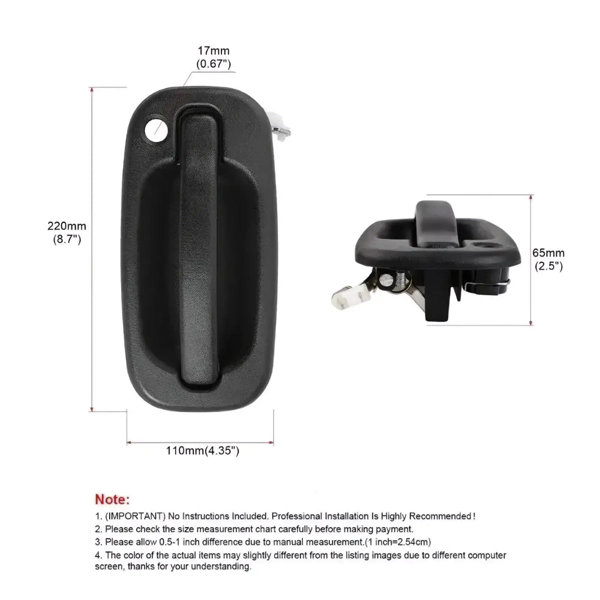 Black plastic driver side exterior door handle for pickup trucks with textured grip and integrated latch mechanism