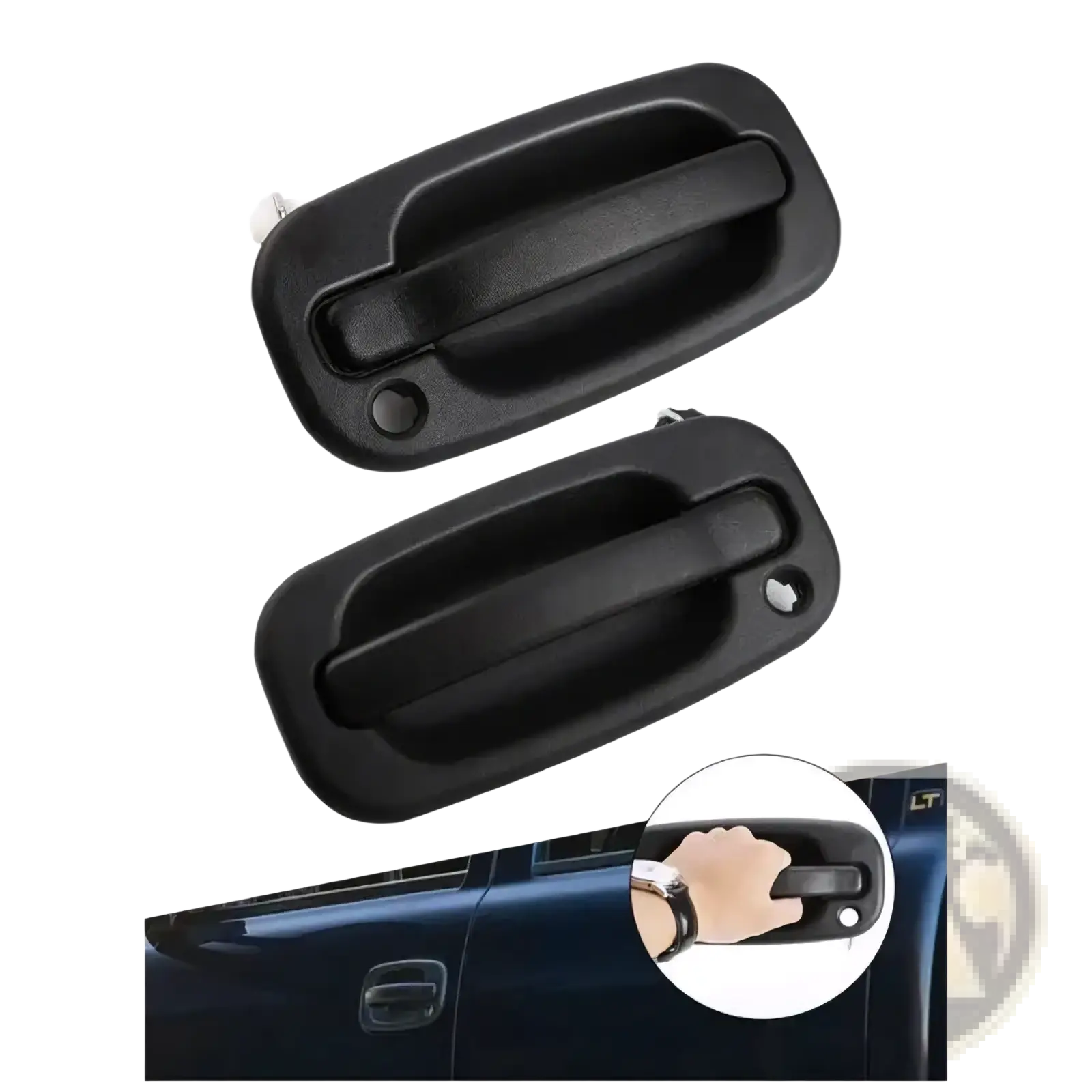 Driver side exterior door handle for pickup trucks black plastic with textured grip and integrated keyhole
