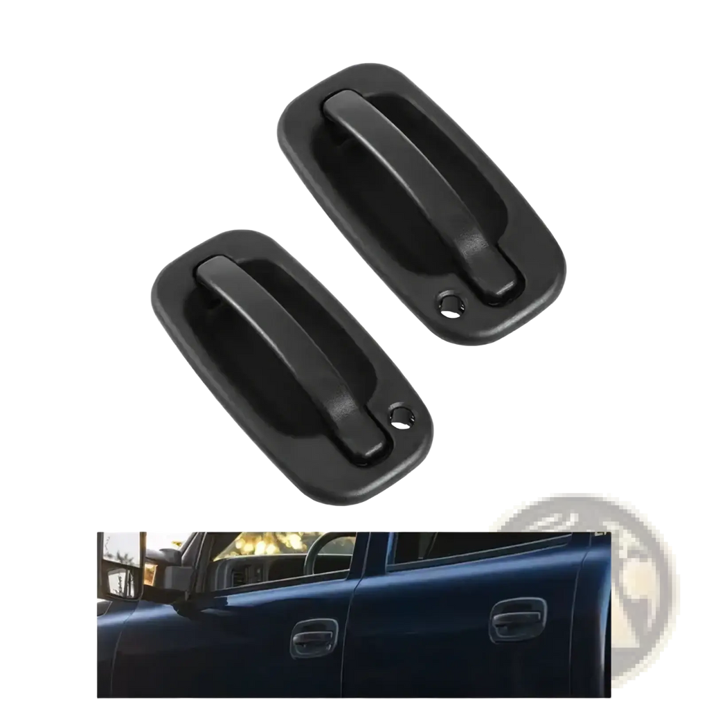 Black plastic driver side exterior door handle for pickup trucks showing the back side of the handle