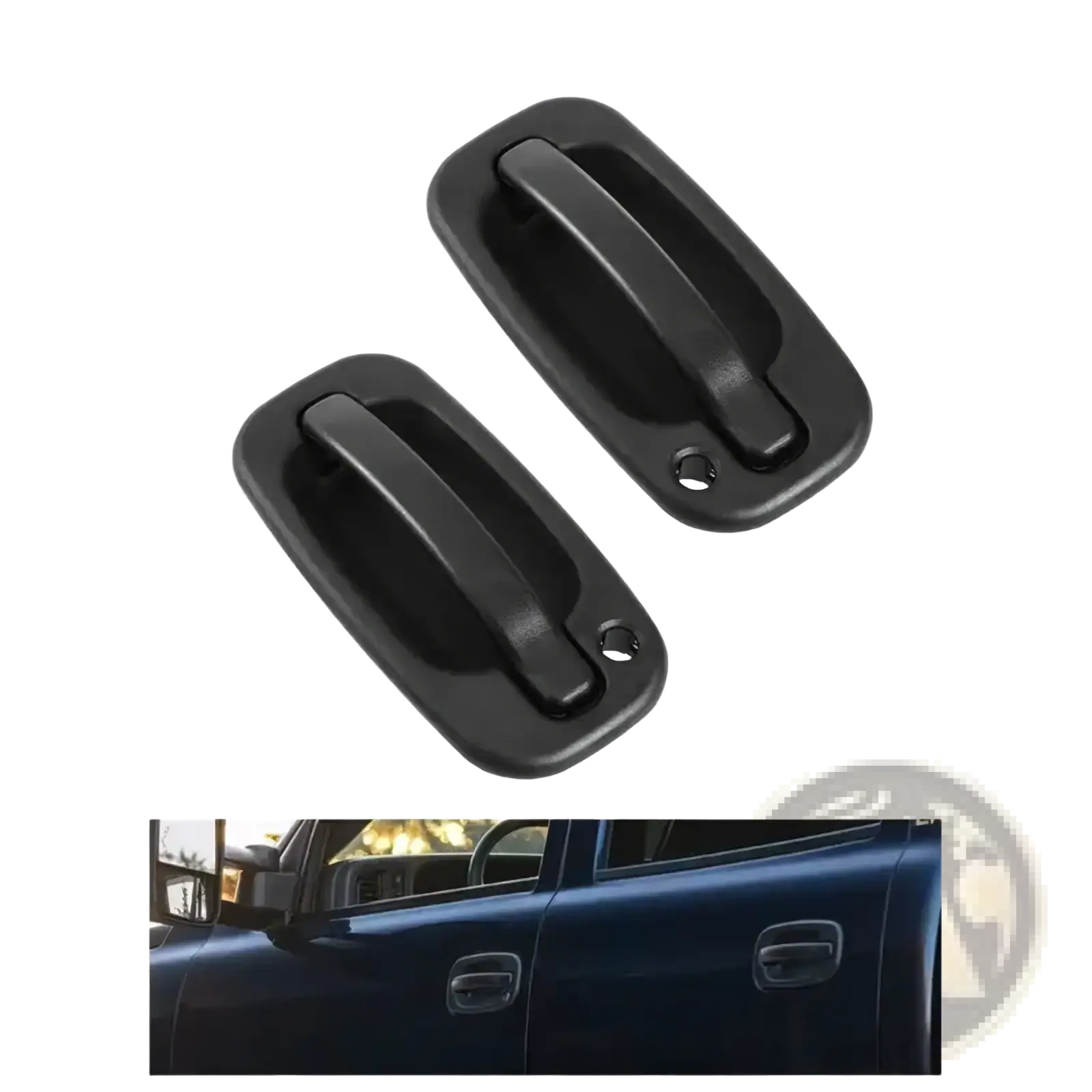 Black plastic driver side exterior door handle for pickup trucks showing the back side of the handle