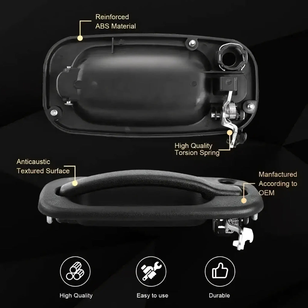 Driver side exterior door handle for pickup trucks in black reinforced abs plastic with textured surface and torsion spring