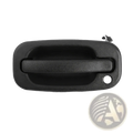 Driver side exterior door handle for pickup trucks in black plastic with textured grip and keyhole visible