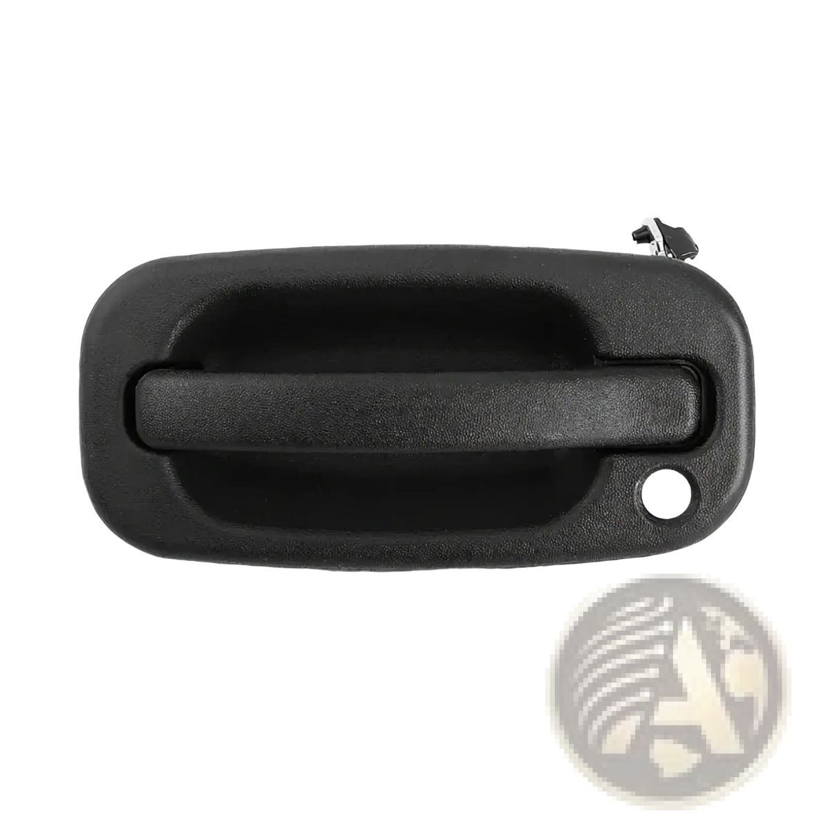 Driver side exterior door handle for pickup trucks in black plastic with textured grip and keyhole visible