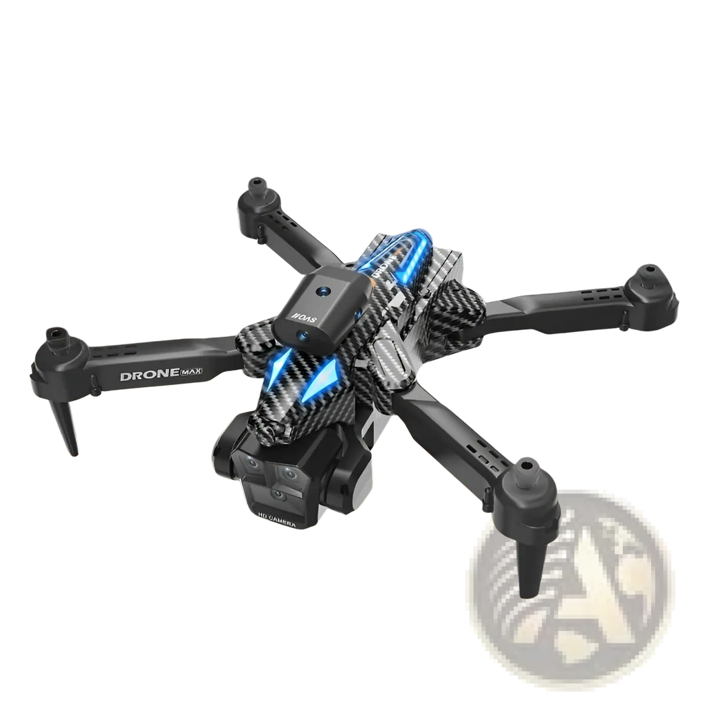 Black drone max foldable quadcopter with carbon fiber accents glowing blue lights and mounted hd camera front view