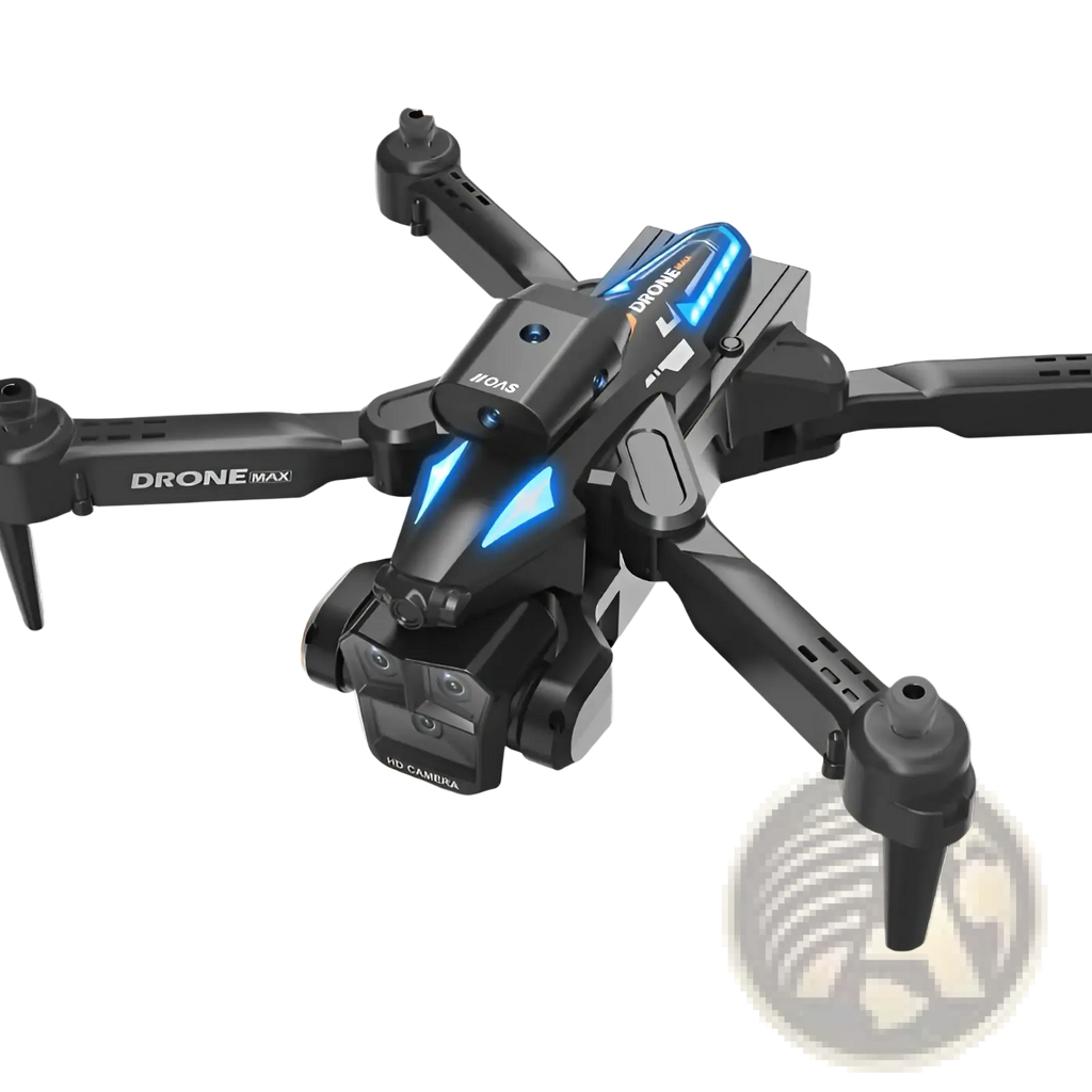 Black and blue drone max foldable quadcopter with led lights and triple hd camera setup for video capture