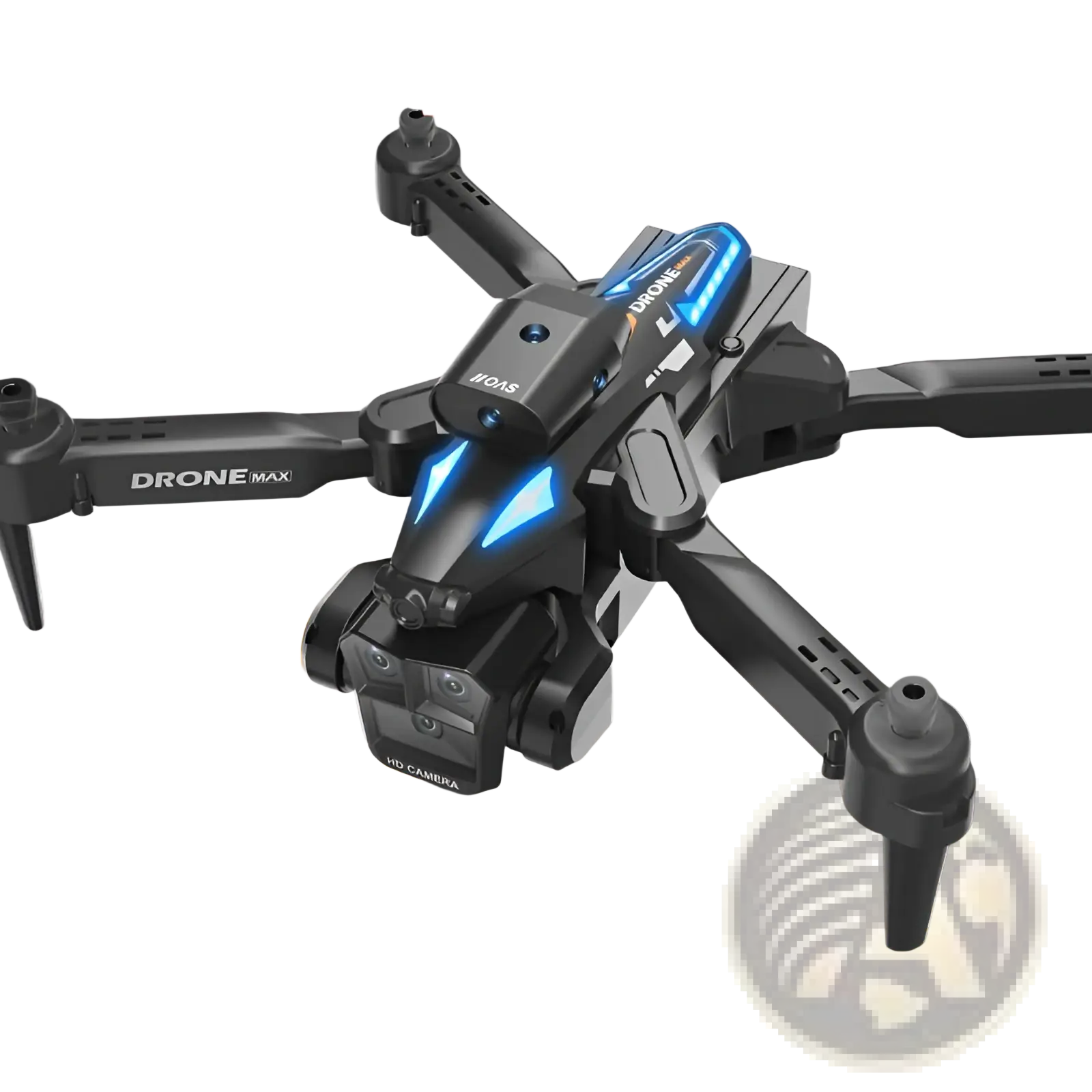 Black and blue drone max foldable quadcopter with led lights and triple hd camera setup for video capture