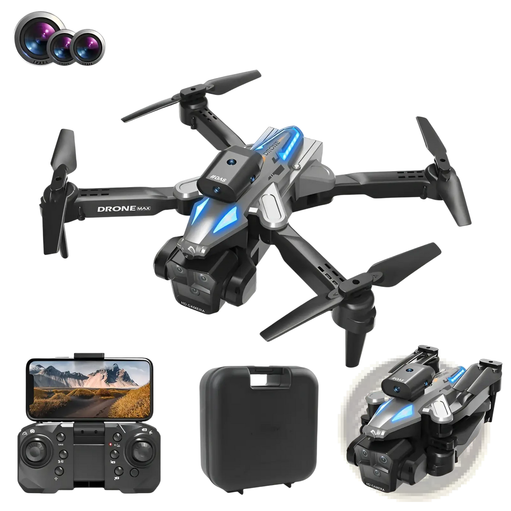 Black and blue foldable drone max quadcopter with triple camera front-facing camera and silver accents with led lights