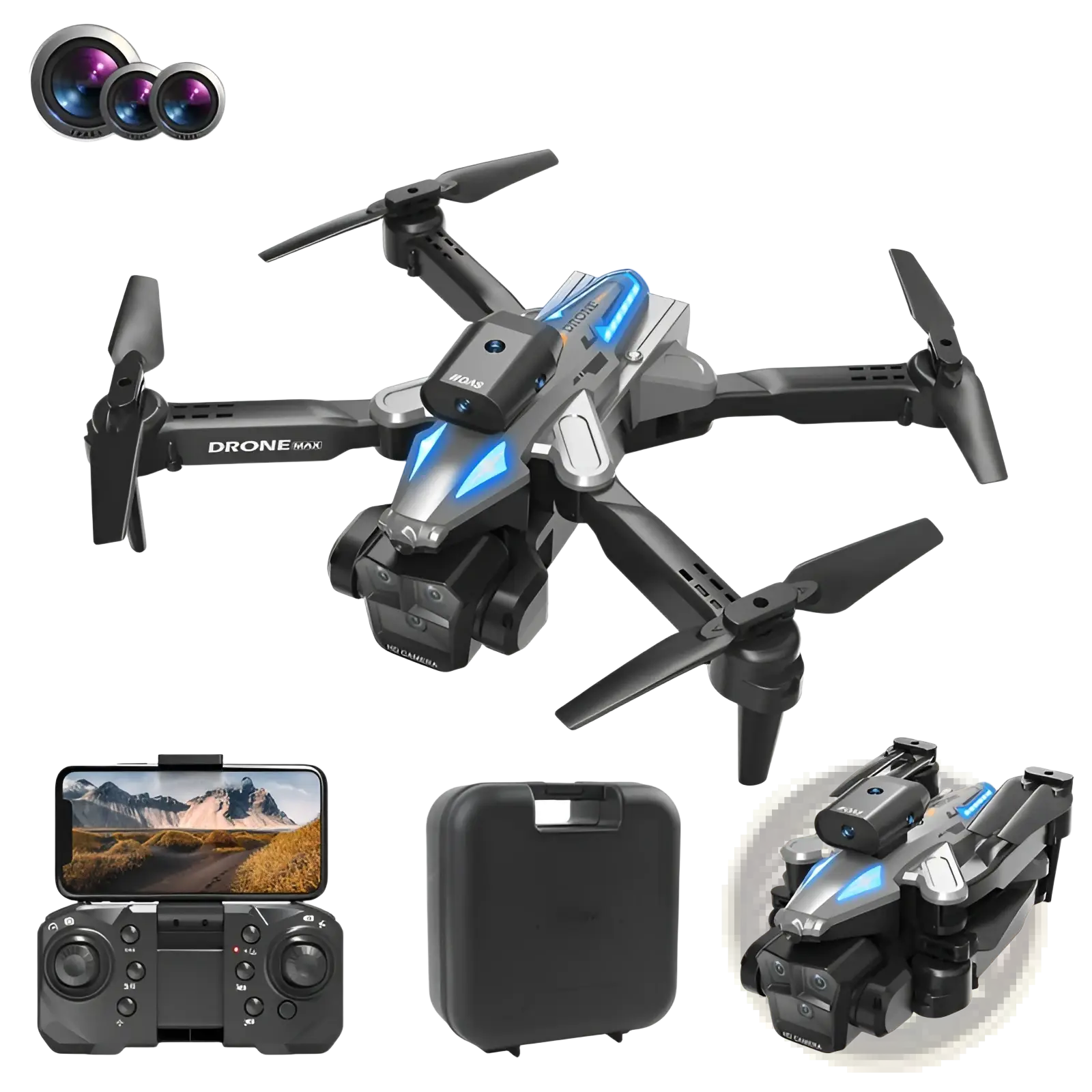 Black and blue foldable drone max quadcopter with triple camera front-facing camera and silver accents with led lights