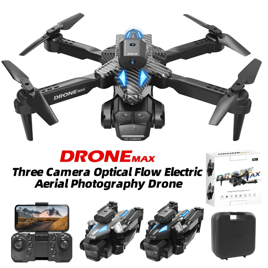 Black carbon fiber-textured drone max triple camera foldable quadcopter with blue led lights and central hd camera