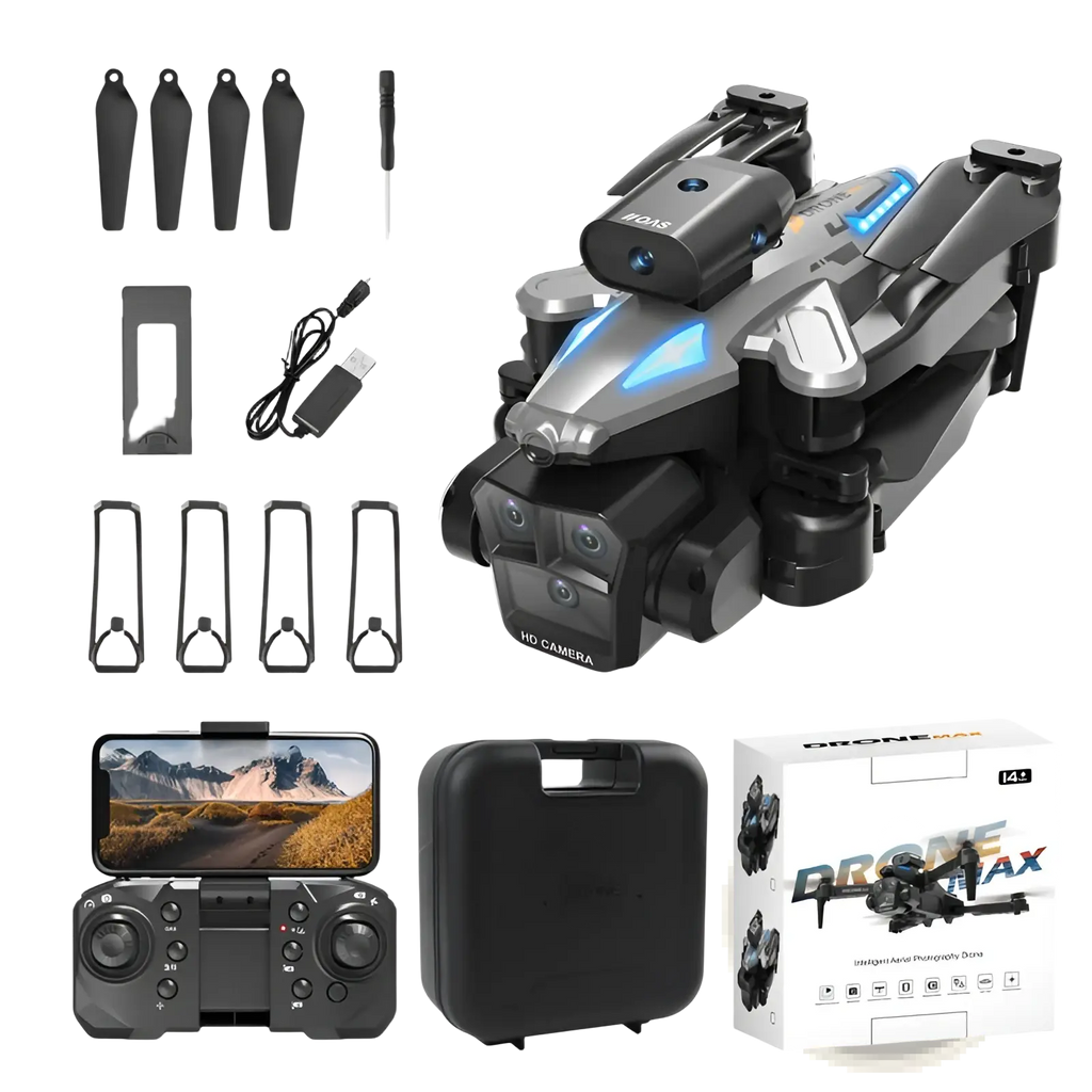 Silver and black foldable drone max triple camera quadcopter with blue led accents shown from the back side