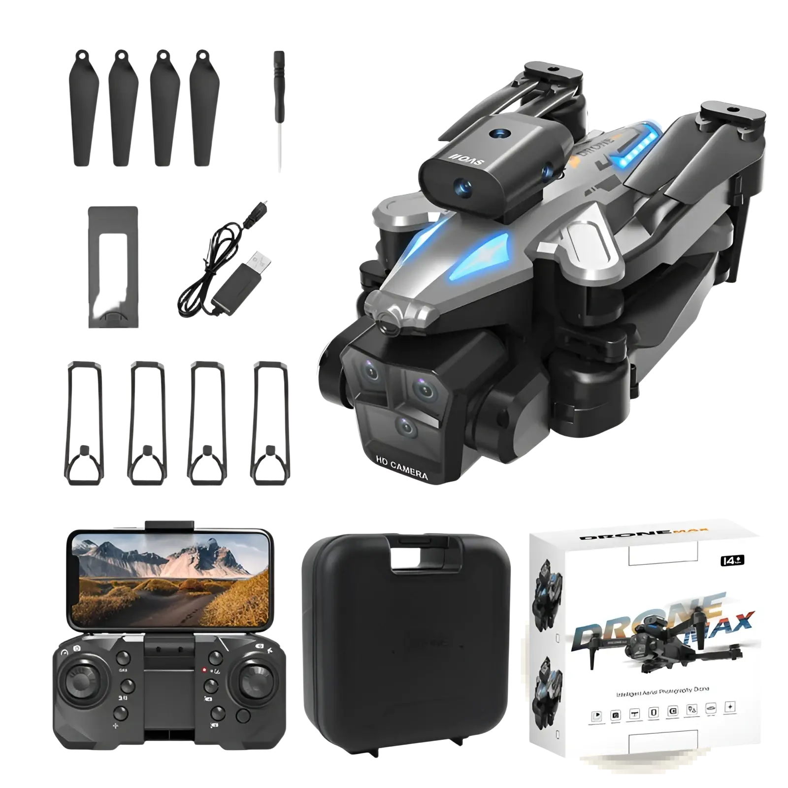 Silver and black foldable drone max triple camera quadcopter with blue led accents shown from the back side