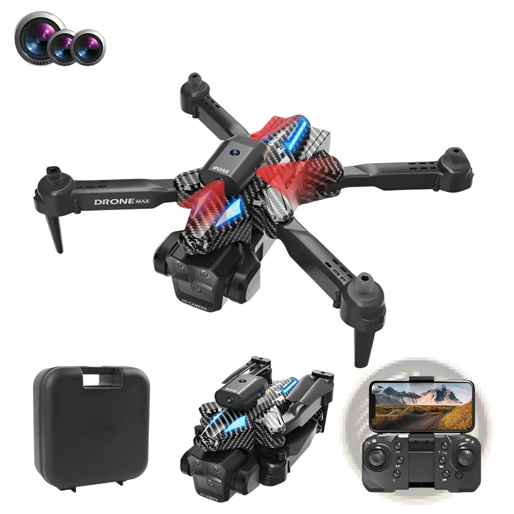 Black carbon fiber textured drone max triple camera foldable quadcopter with blue led accents and drone max branding