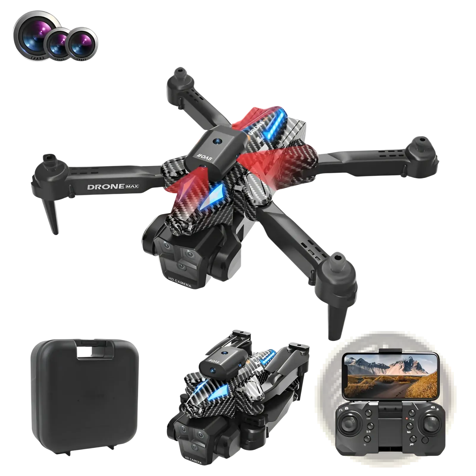 Black carbon fiber textured drone max triple camera foldable quadcopter with blue led accents and drone max branding
