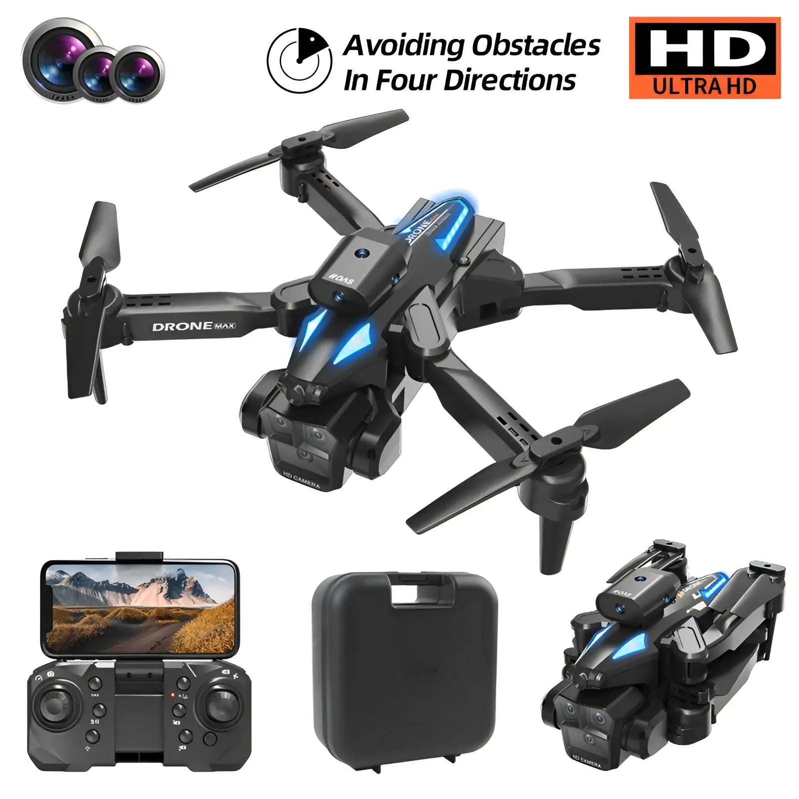 Black foldable drone max triple camera quadcopter with blue led lights shown with remote control and carrying case