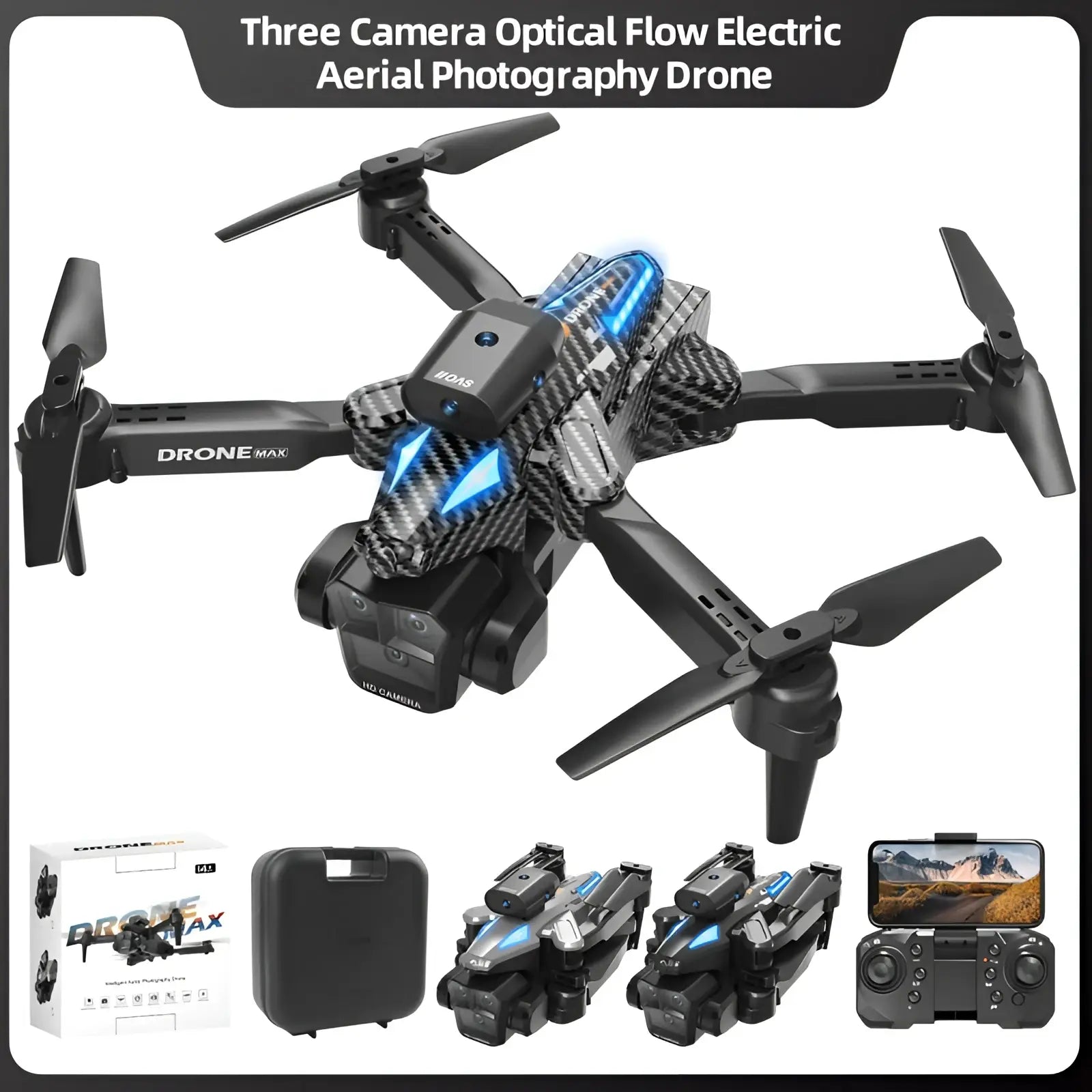 Black and blue carbon fiber foldable quadcopter drone max with triple cameras and LED lights shown from the back side