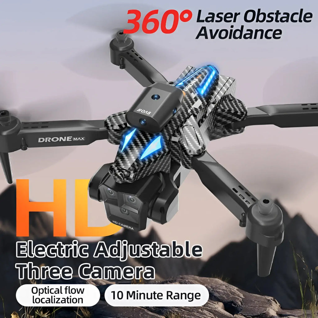 Black carbon fiber textured drone max triple camera foldable quadcopter with blue led lights and mounted hd camera