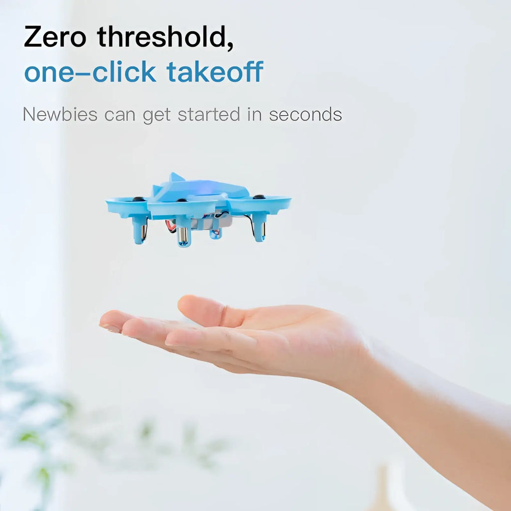 Light blue quadcopter drone with four propellers and dual battery for drone simulator controller toy use