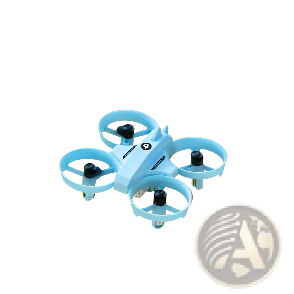 Light blue plastic quadcopter drone with black propeller guards and markings for drone simulator controller toy