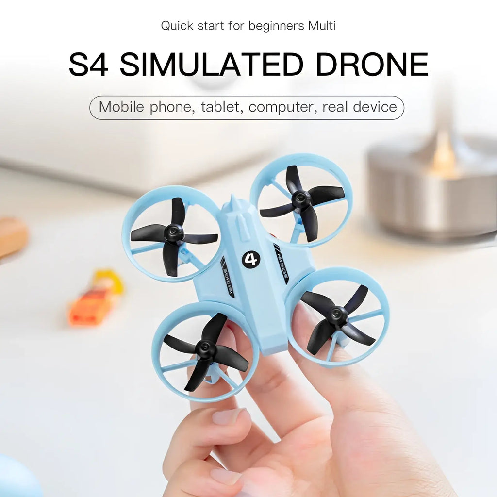 Light blue s4 simulated drone with black propellers and number four emblem for drone simulator controller blue dual battery toy