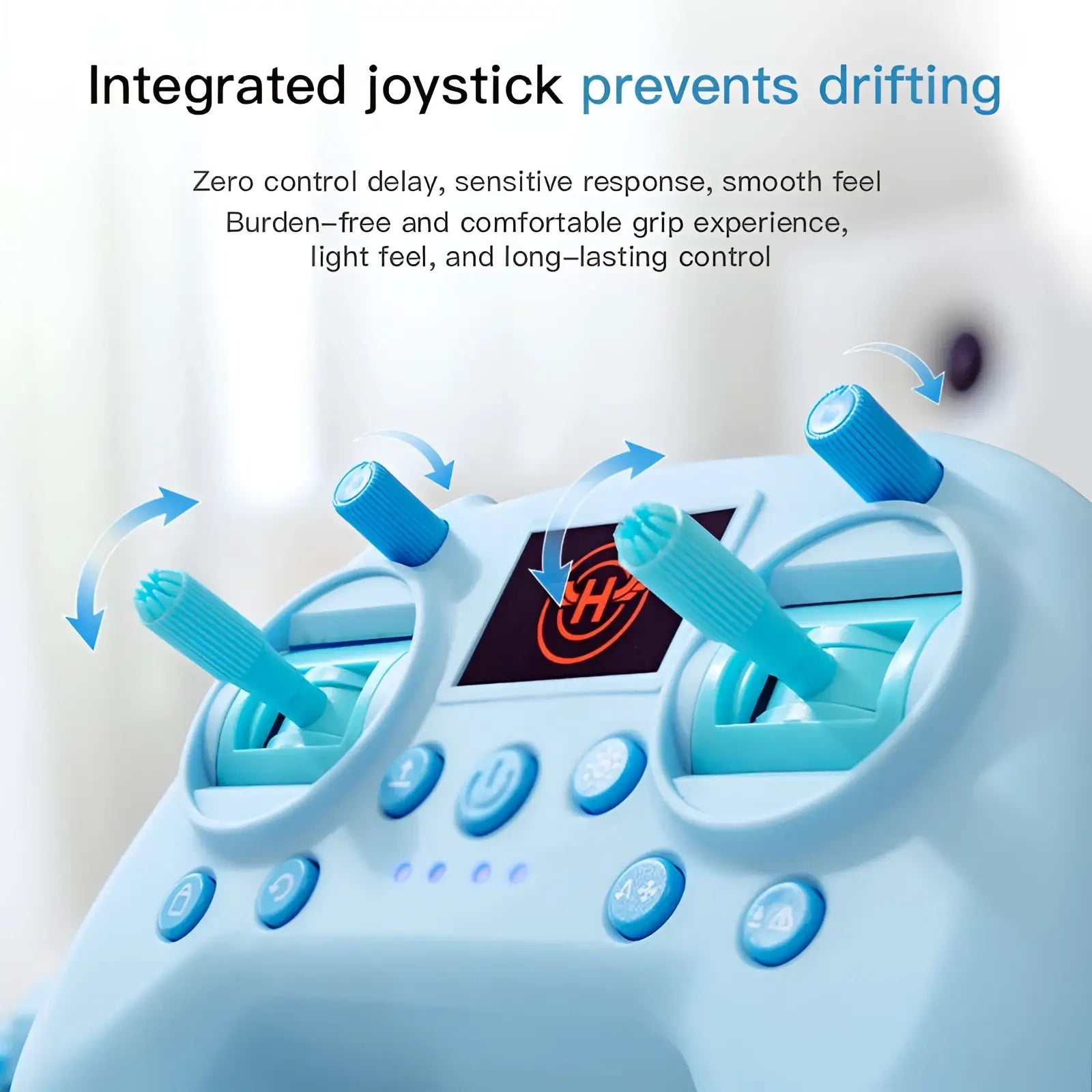 Light blue drone simulator controller with integrated joysticks and small screen displaying orange logo for toy use