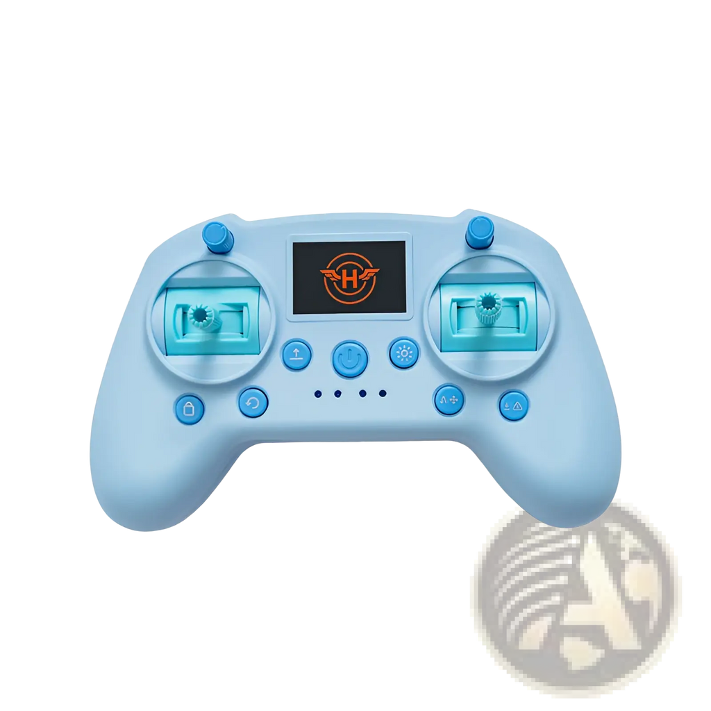 Light blue plastic drone simulator controller with translucent turquoise joysticks and screen displaying orange logo