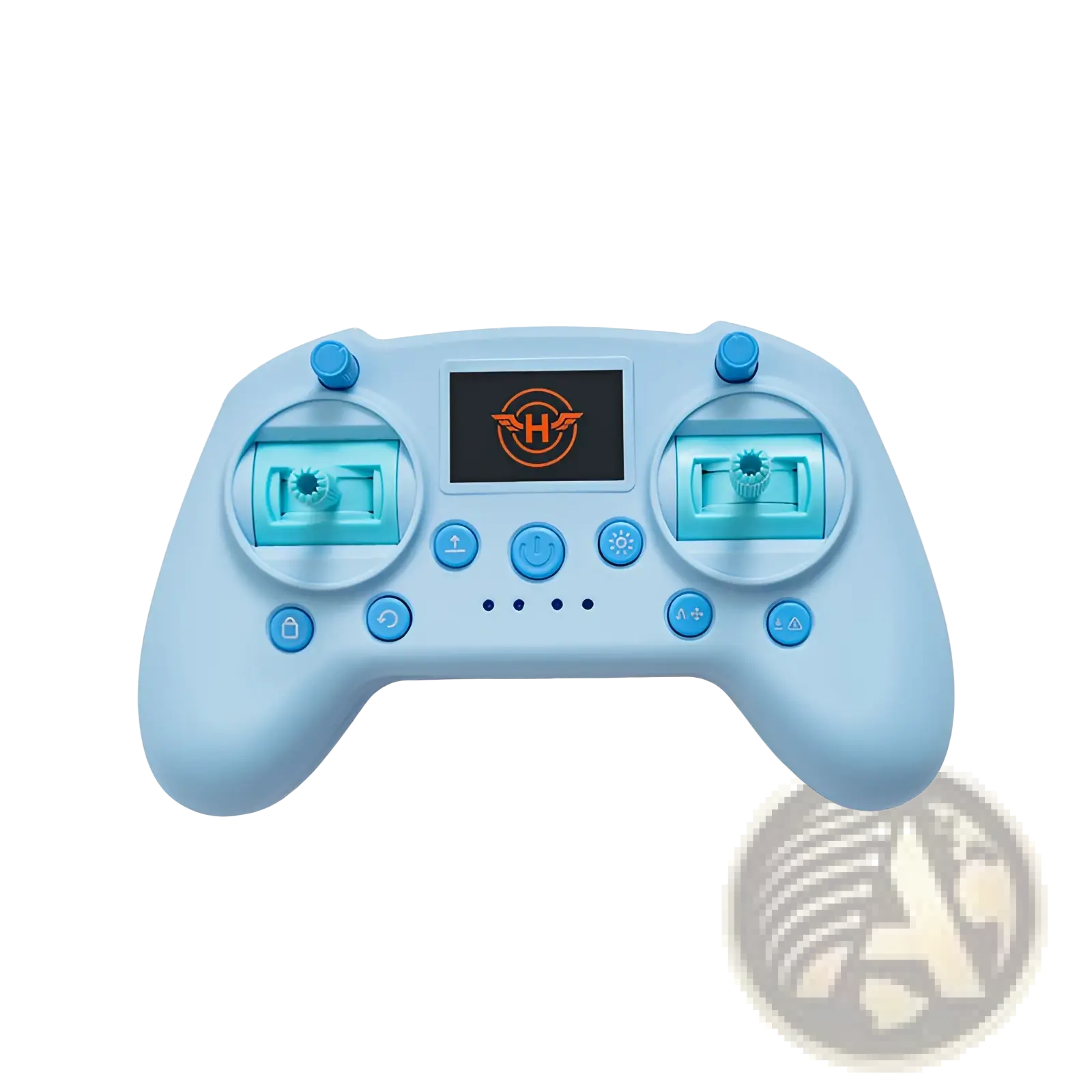 Light blue plastic drone simulator controller with translucent turquoise joysticks and screen displaying orange logo