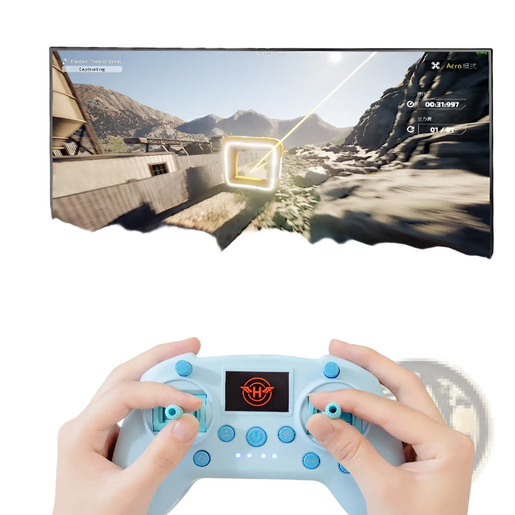 Light blue plastic drone simulator controller with dual battery and small black screen displaying orange logo