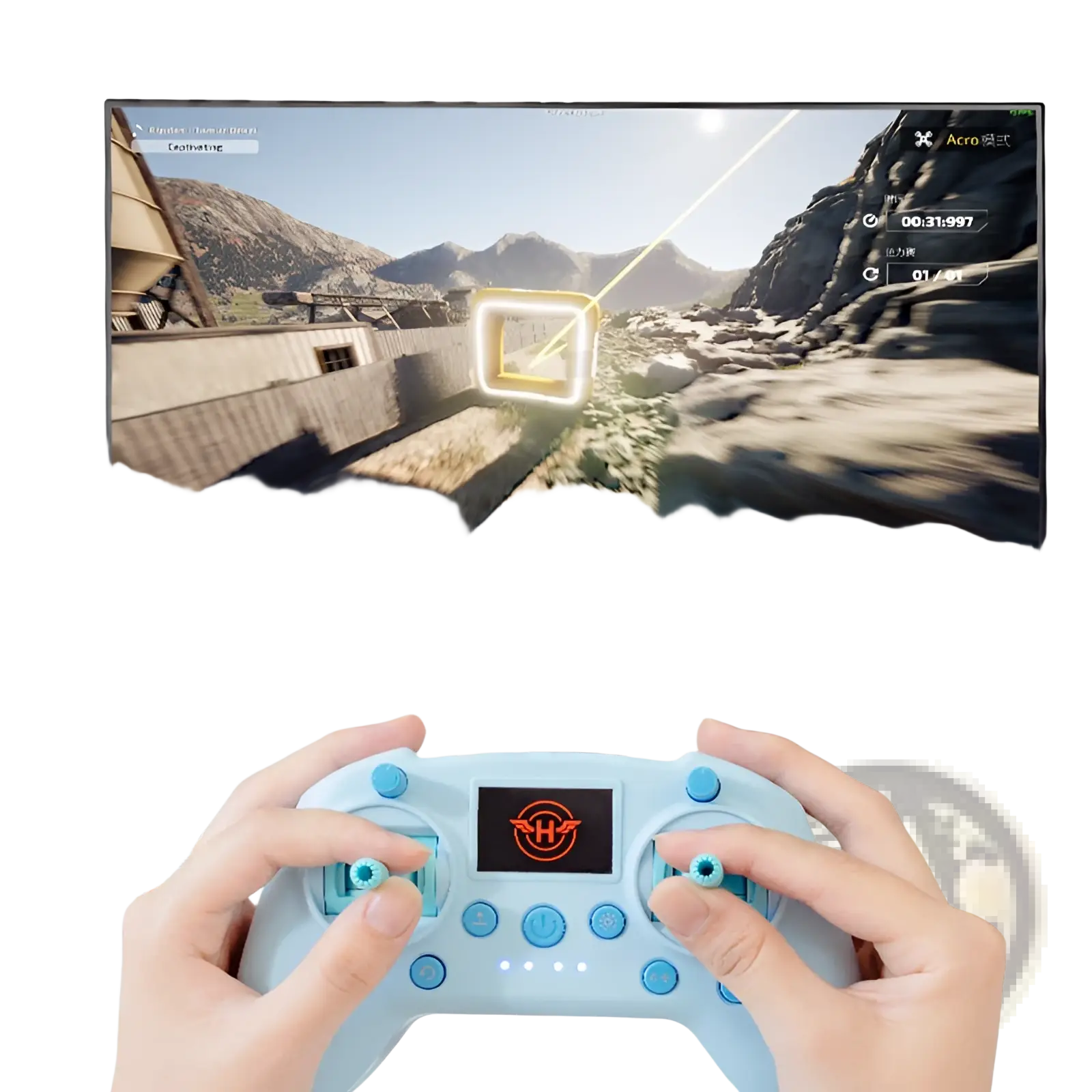 Light blue plastic drone simulator controller with dual battery and small black screen displaying orange logo