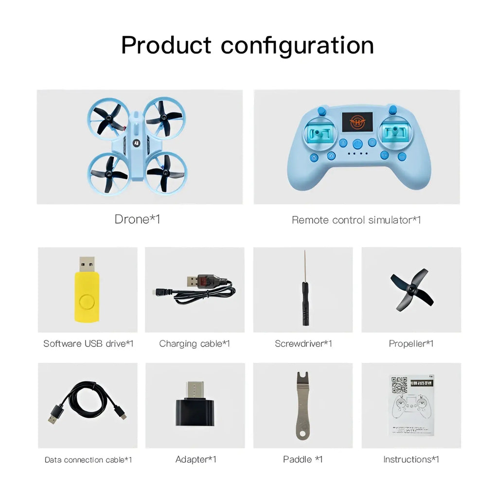 Light blue quadcopter drone with black propellers and small logo for drone simulator controller blue dual battery toy