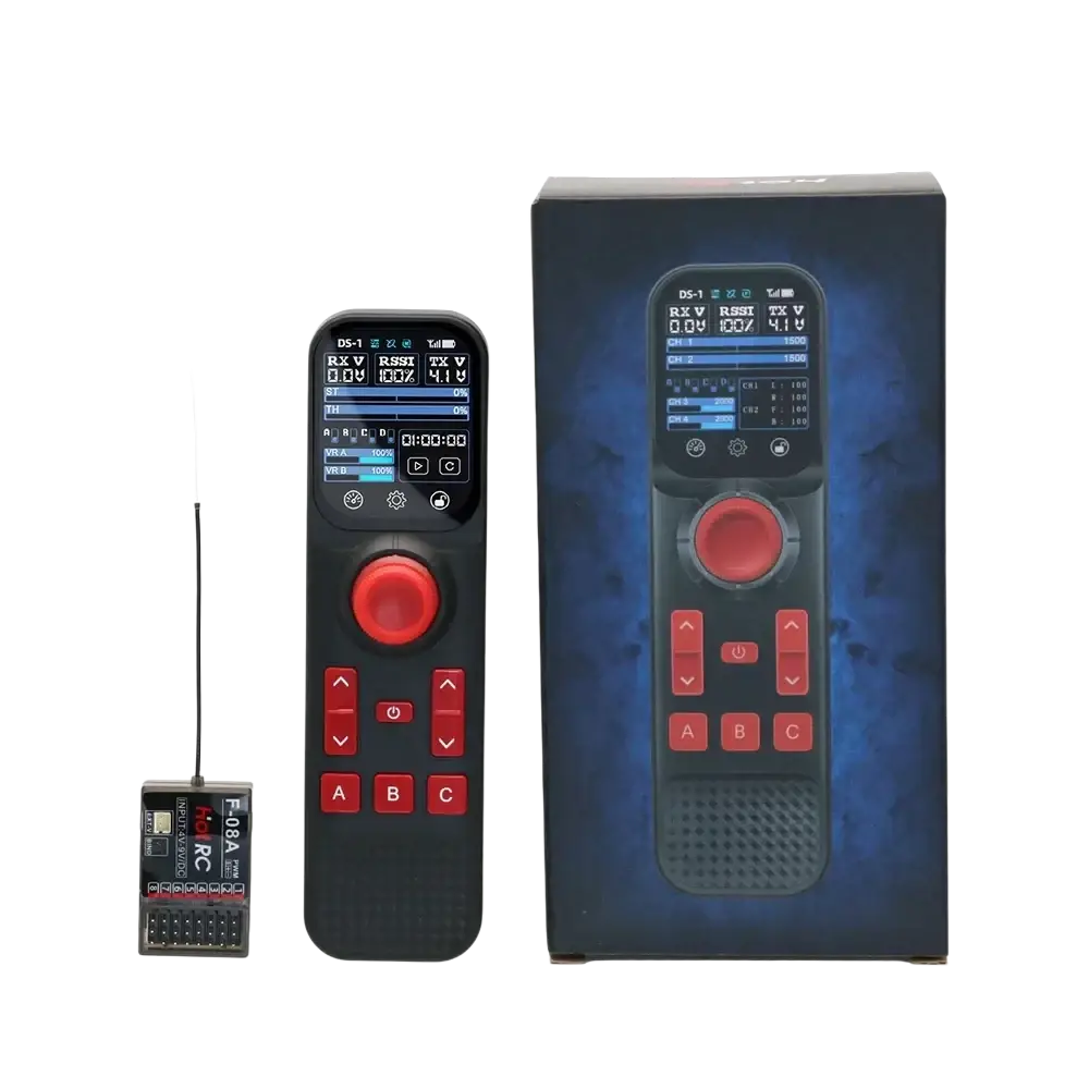 Ds800 remote controller black 8 channel remote control with red buttons dial and lcd screen displaying flight data