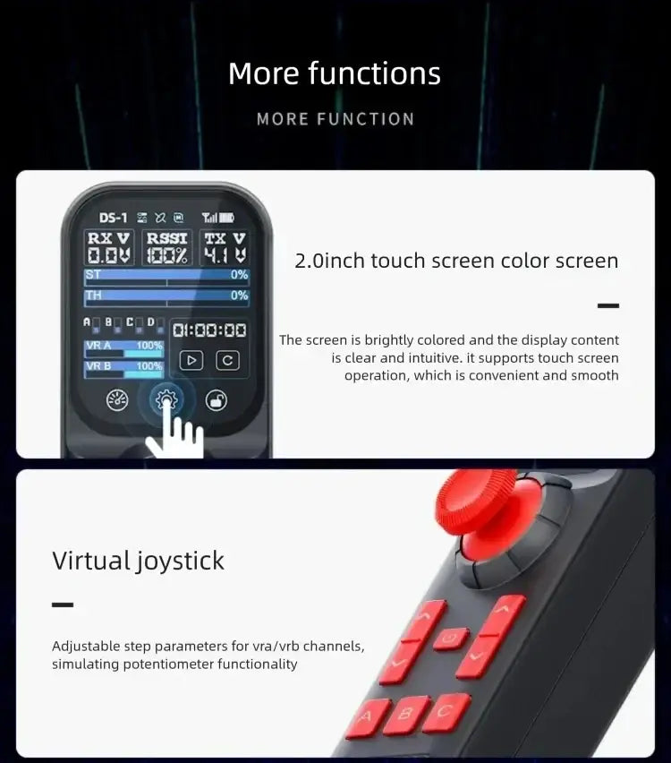 Black ds800 remote controller with 8 channels 2 inch touch screen and red virtual joystick buttons