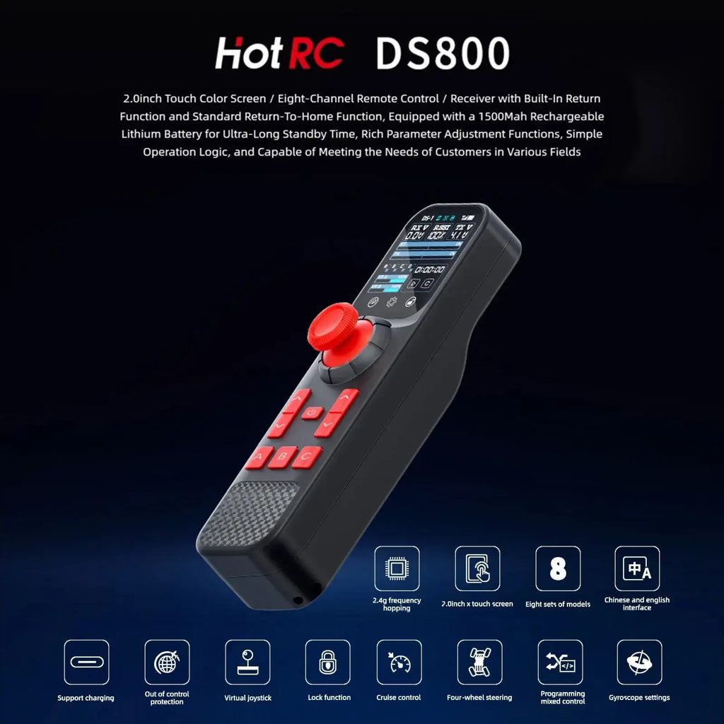 Black ds800 remote controller with 8 channels, red joystick and buttons, featuring a 2.0-inch touch color screen
