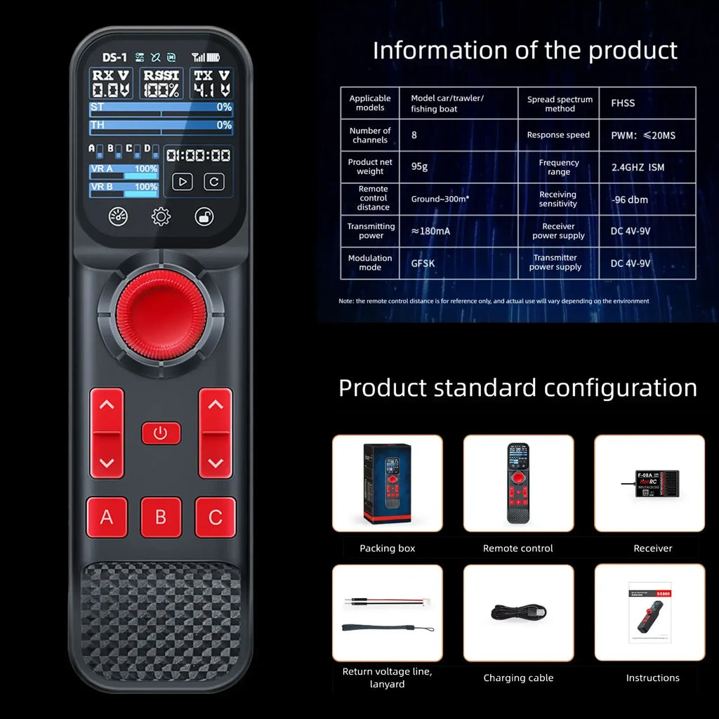 Black and red ds800 remote controller with circular dial labeled ds-1 for 8 channel touch screen control