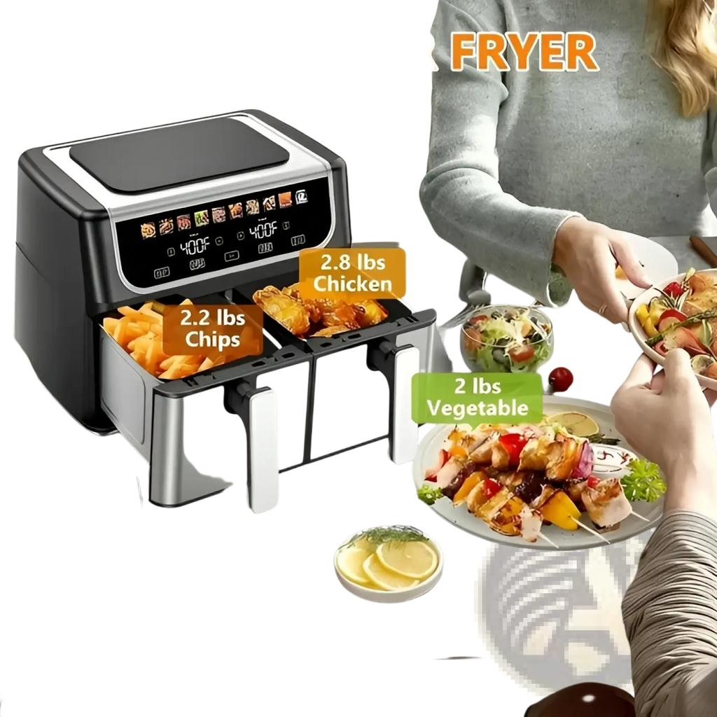 Black and silver family size dual basket air fryer with digital display and 10 presets for versatile cooking