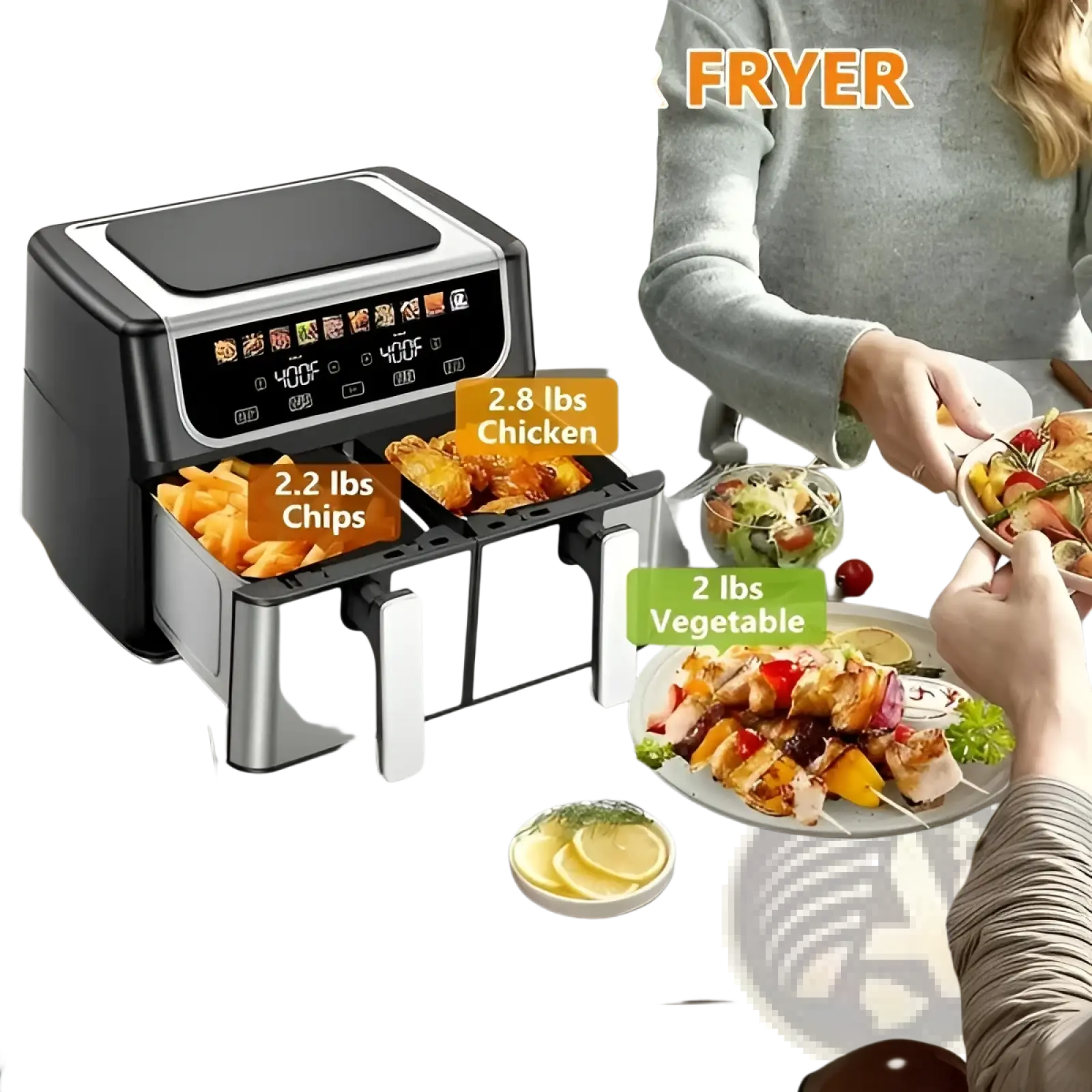Black and silver family size dual basket air fryer with digital display and 10 presets for versatile cooking