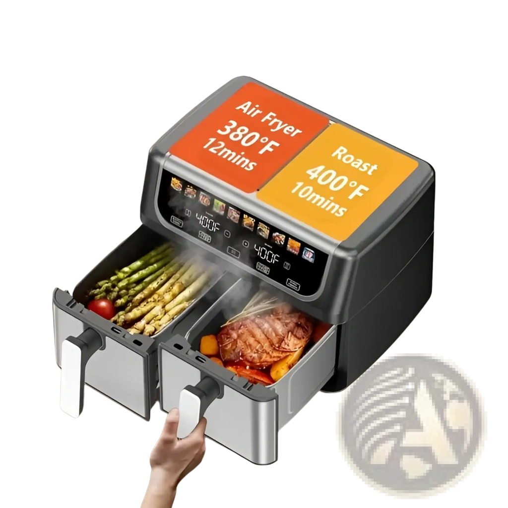 Black and silver dual basket air fryer 9.5 quart with digital controls and 10 presets for cooking different foods