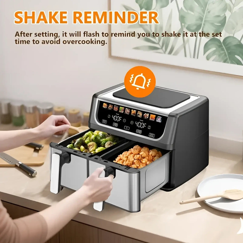 Dual basket air fryer 9.5 quart black and stainless steel with digital display at 400°f and shake reminder alert icon
