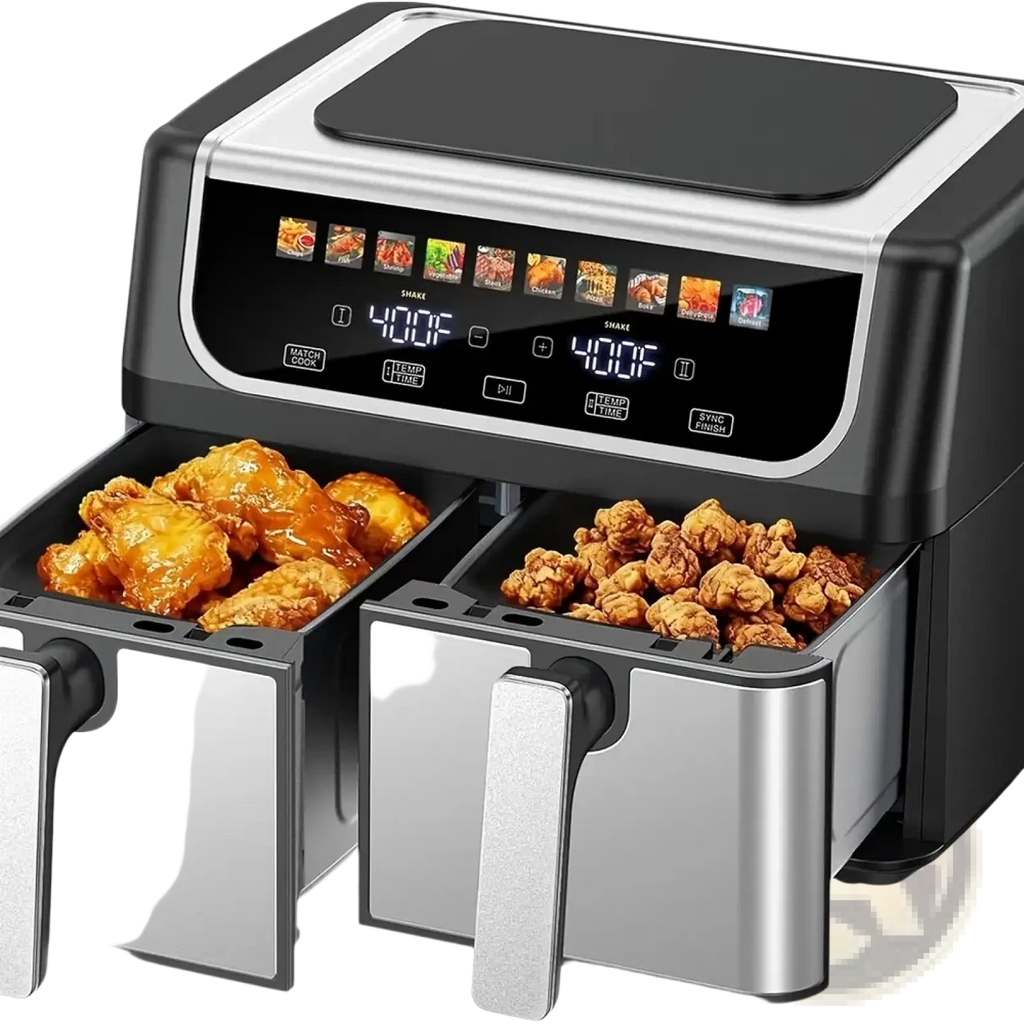 Dual basket air fryer 9.5 quart in black and stainless steel with digital controls for crispy wings and popcorn