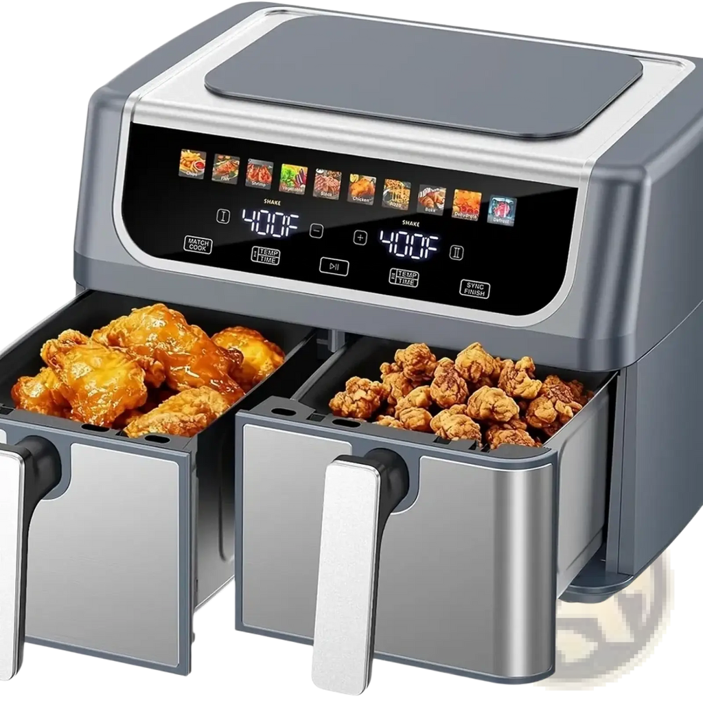 Dual basket air fryer 9.5 quart with sleek gray stainless steel finish and digital controls featuring 10 presets