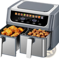 Dual basket air fryer 9.5 quart with sleek gray stainless steel finish and digital controls featuring 10 presets