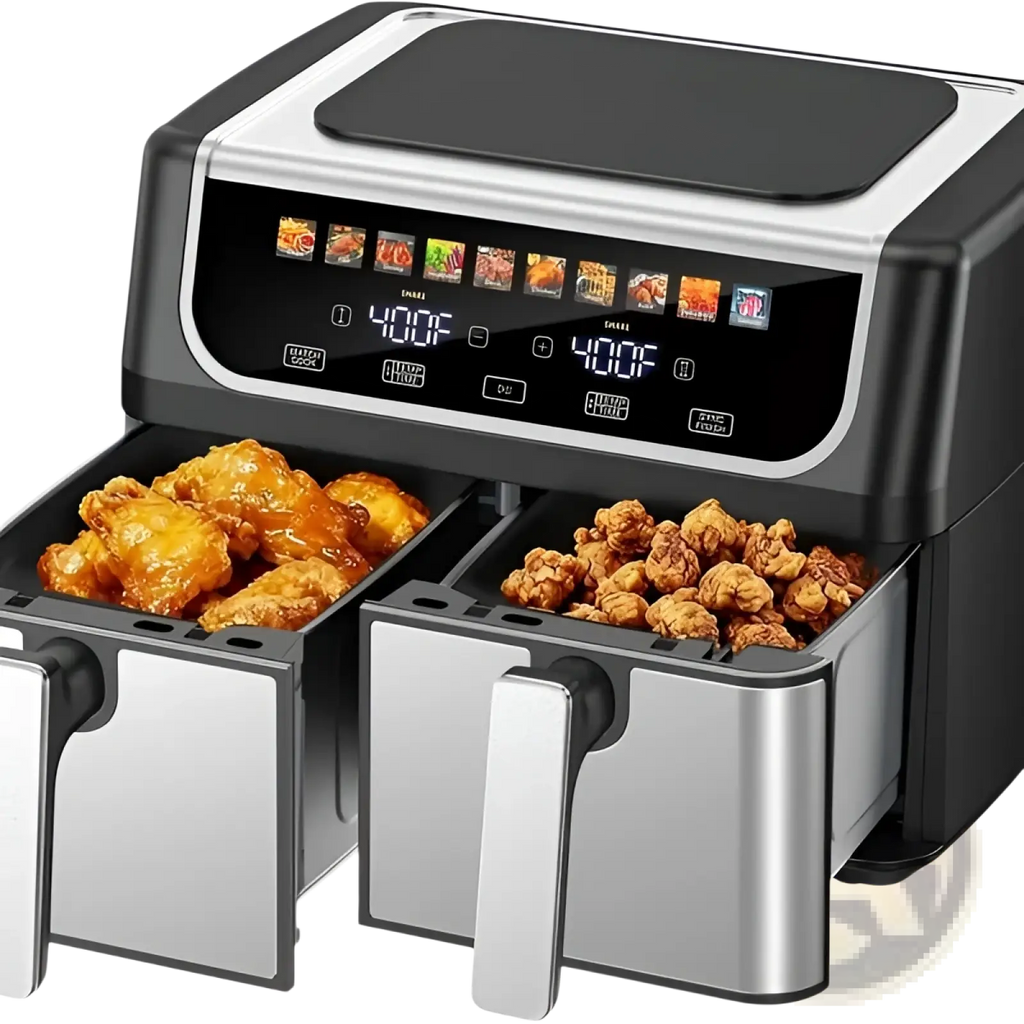 Black and stainless steel dual basket air fryer 9.5 quart with digital display and 10 presets for crispy wings and popcorn