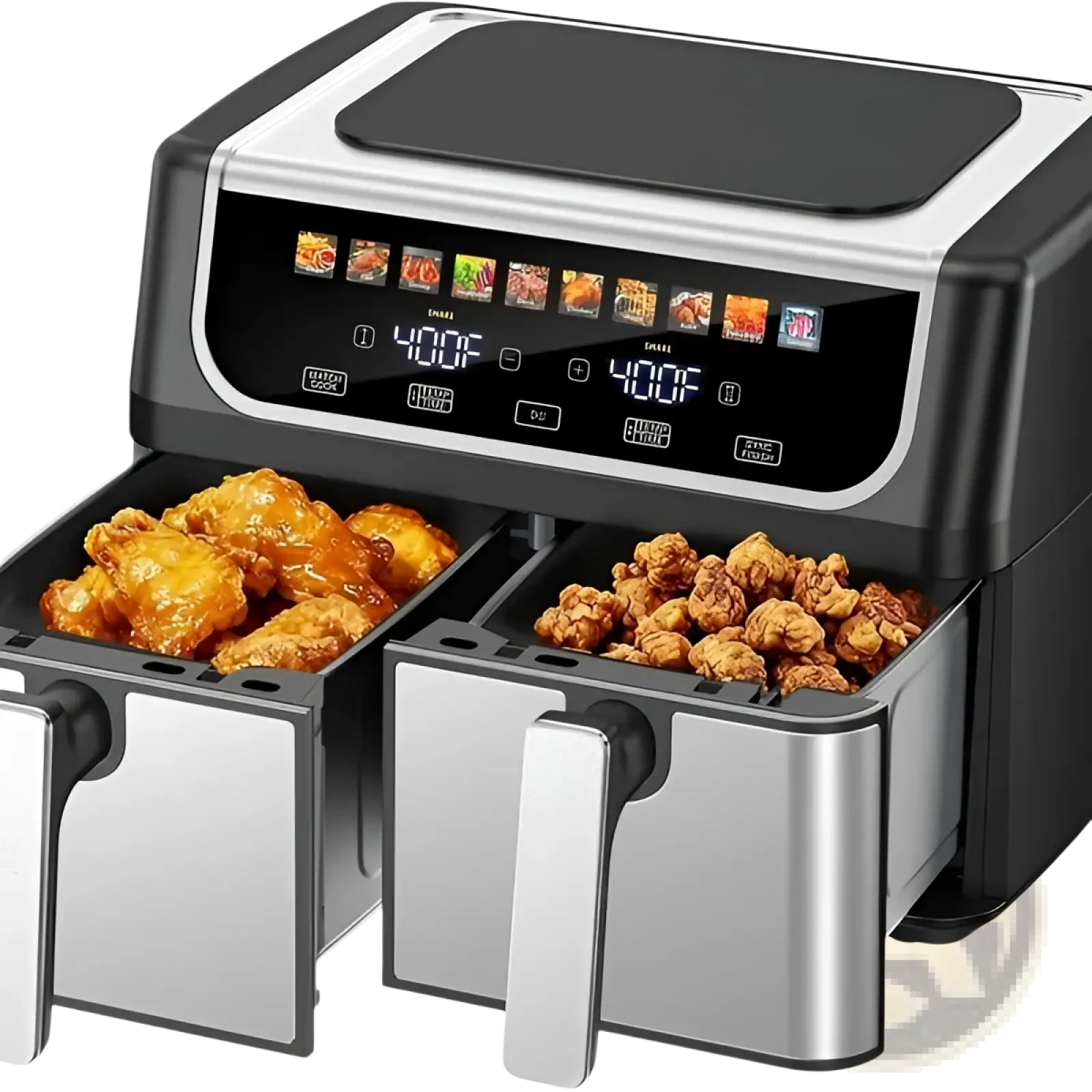 Black and stainless steel dual basket air fryer 9.5 quart with digital display and 10 presets for crispy wings and popcorn