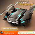 Black and teal foldable drone with dual cameras and sleek angular design featuring obstacle avoidance technology