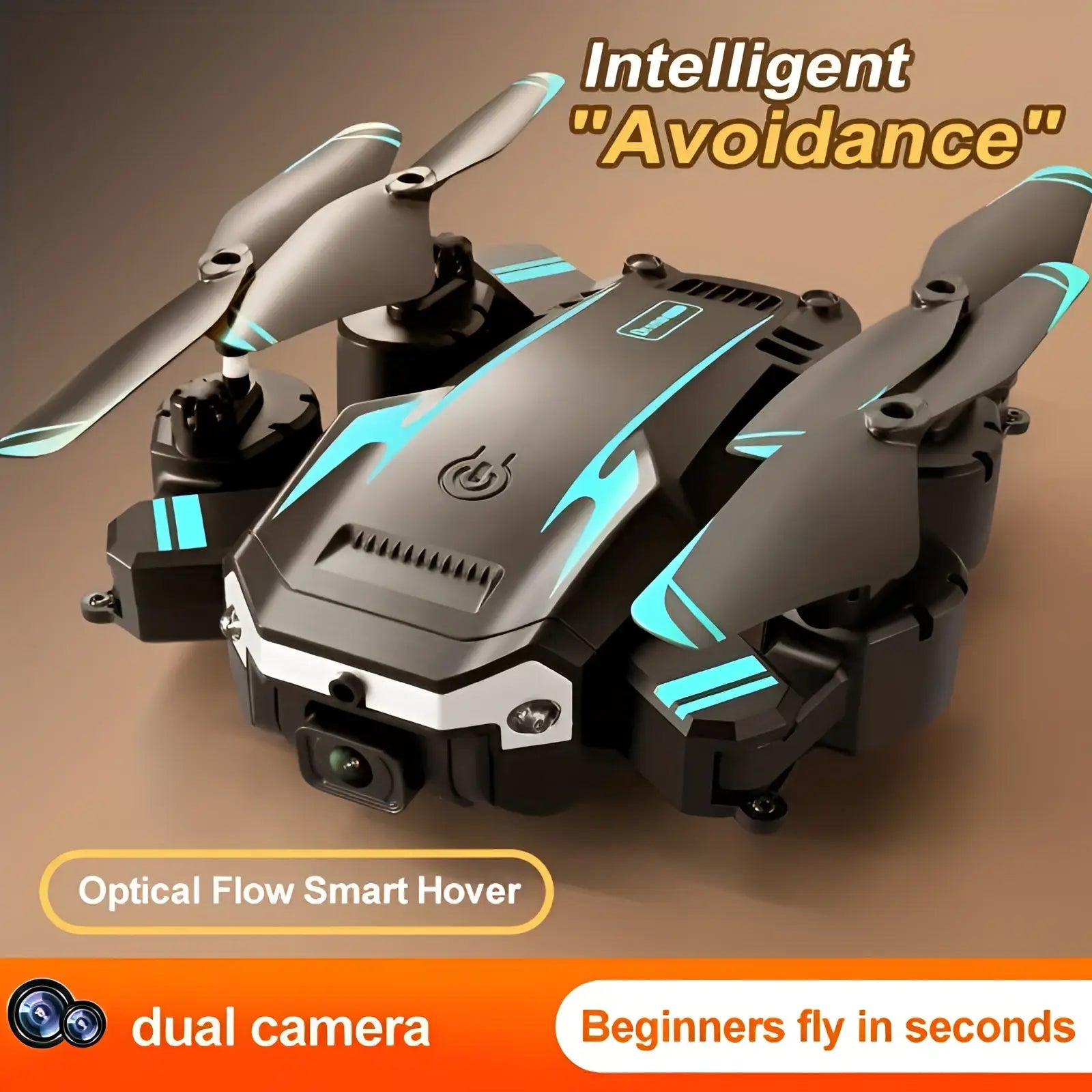 Black and teal foldable drone with dual cameras and sleek angular design featuring obstacle avoidance technology